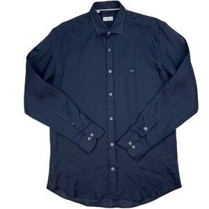 Etro Mens Linen Shirt M Dark Blue Long Sleeve Button Front Logo Italy